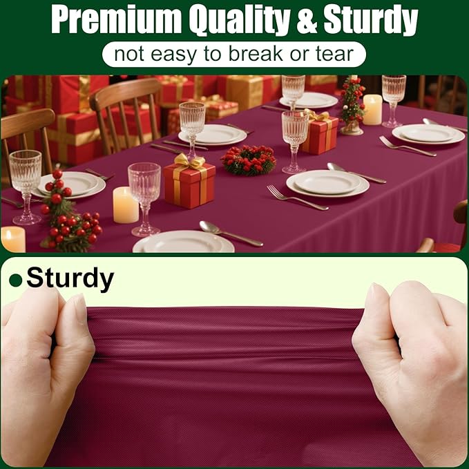 Smiry Disposable Table Cloth - 12 Pack, 54 x 108 Inch Waterproof Rectangle Tablecloths for Parties, Decorative Plastic Table Cover, Leakproof & Sturdy, Wine Red