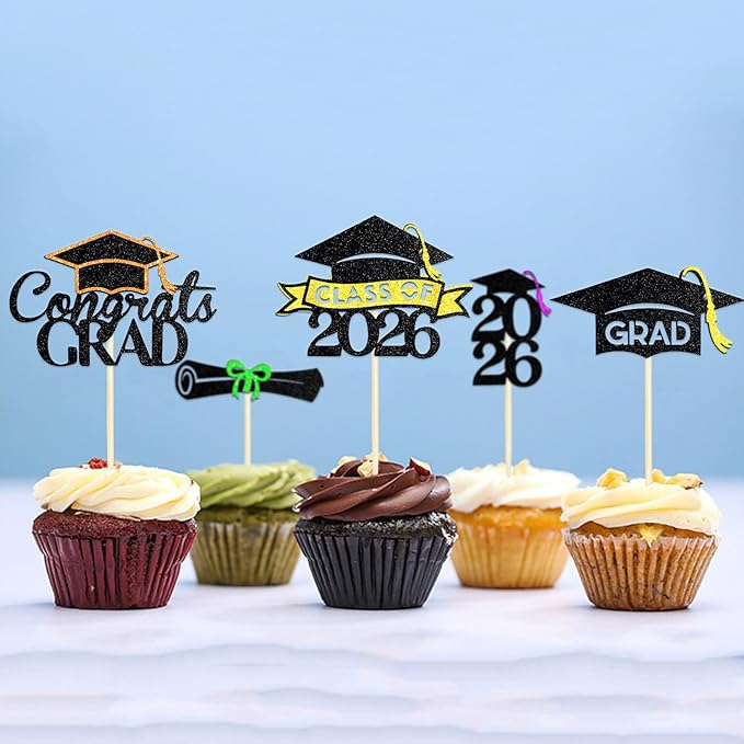 24 Pack 2026 Congrats Grad Cupcake Toppers Set, Graduation Cupcake Decor, Class of 2026 Cupcake Picks for Senior High School College Grad Party Decorations Supplies(Black with Silver) A
