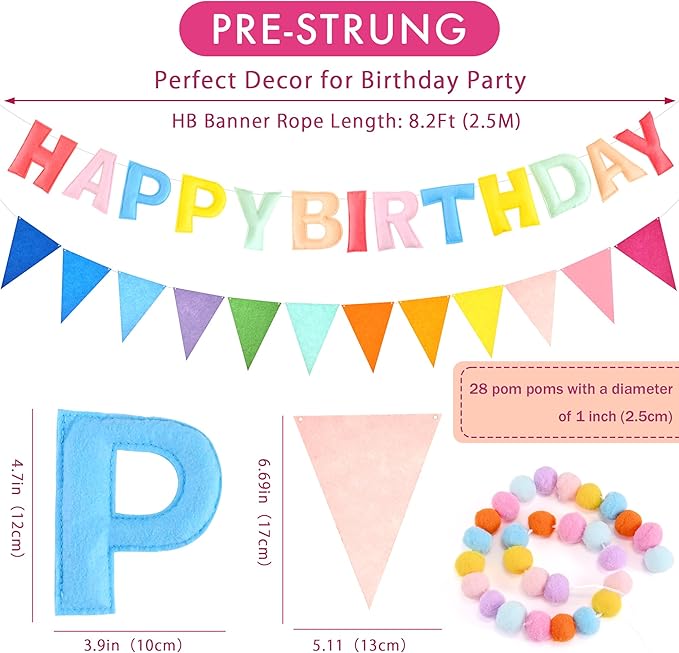 CANREVEL Pre-Strung 3D Happy Birthday Banner, 3 PCS Happy Birthday Felt Garland, Pom Pom Garland, Triangle Fabric Garland Bunting, Reusable Birthday Decorations for Women Men Girls Boys, Pastel