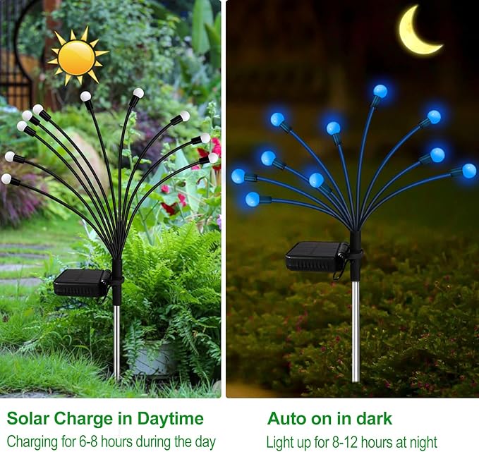 Kohlrabi Solar Garden Lights Outdoor, 6 Pack 60 LED Blue Firefly Lights Waterproof, Sway by Wind, Solar Wind Swaying Light for Yard Patio Backyard Garden Planter Flower Bed Pathway Decoration