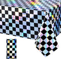 1Pack Black and Iridescent Checkered Plastic Tablecloth, Shiny Disposable Laser Rectangle Table Covers, Holographic Foil Tablecloth Iridescent Party Decorations for Picnic Camping Race Car, 54x108Inch