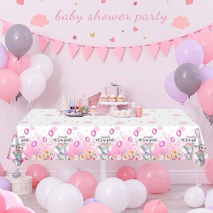 6 Pack Elephant Baby Shower Decorations - Plastic Tablecloth Table Cover Backdrop for Boy Girl Gender Party Supplies, 54 x 108 Inch, Pink