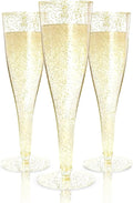 Prestee 100 Gold Plastic Champagne Flutes - 4.5 oz Disposable Champagne Glasses for Toasting at Weddings, Mimosas, Cocktails, Great Gatsby Party Decorations, and Events