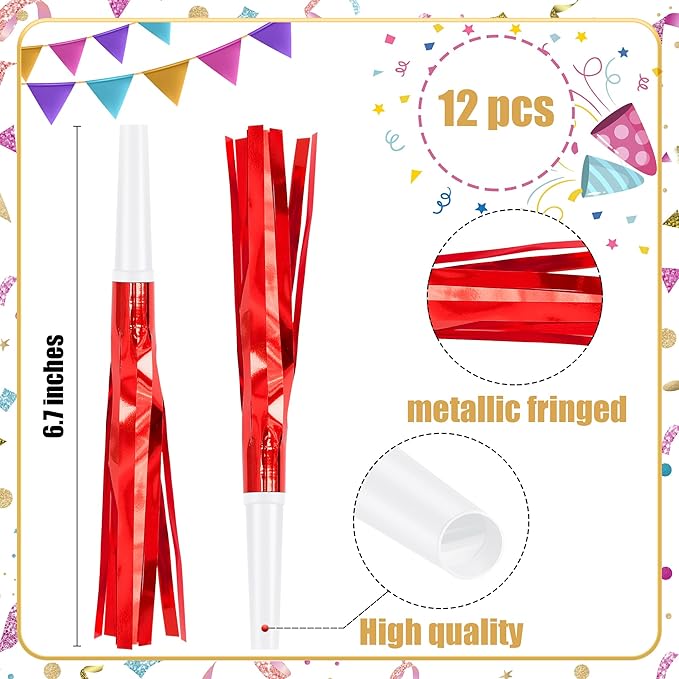 12 Pcs Glitter Noise Makers Metallic Fringed Party Blower for Adults Birthday Graduation New Years Party Favors Supplies (Red)