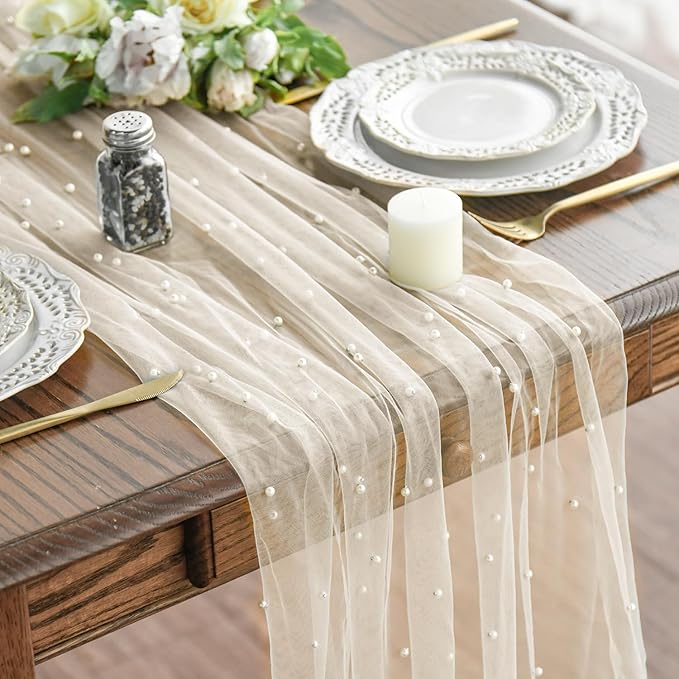 Artoid Mode 6PCS Pearl Beige Gauze Table Runner 120 Inch 10FT, Seasonal Sheer Dining Holiday Wedding Birthday Baby Shower Table Decor for Home Party