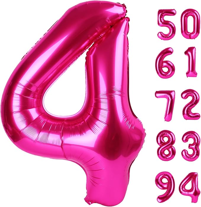 Hot Pink 4 Balloon, Number Balloons 40 Inch, 4th Birthday Decorations for Girls Four Large Numbers for Party Decor, Number 4 Balloon