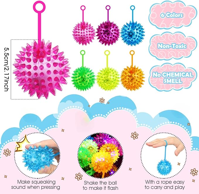 Sotiff 150 Pcs Light up Ball Spiky LED Bouncy Ball Flashing Squeaky Multicolor Puffer Toy Rubber Sensory Toy Carnival Prizes Bulk Party Favors for Teens, Adults, Children