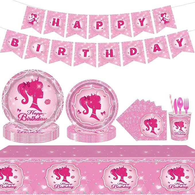 194 Pcs Pink Princess Party Supplies Kit for 24 Guests - Disposable Tableware Set with Plates Napkins Cups Cutlery Tablecloth & Banner, Ideal for Girls' Birthday Decorations