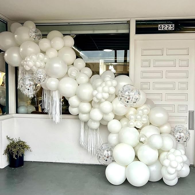 White Balloons, 12 Inch Pearl Pure White Ivory Latex Balloon with Silver Confetti Balloons for Boho Birthday Baby Shower Wedding Bachelorette Retirement Valentine’s Day Party Decorations