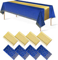 8Pack Disposable Plastic Tablecloths and Satin Table Runner Set Blue and Gold Dot Tablecloth Gold Satin Table Runner for Wedding Birthday Baby Shower Anniversary Christmas New Year Party Decorations
