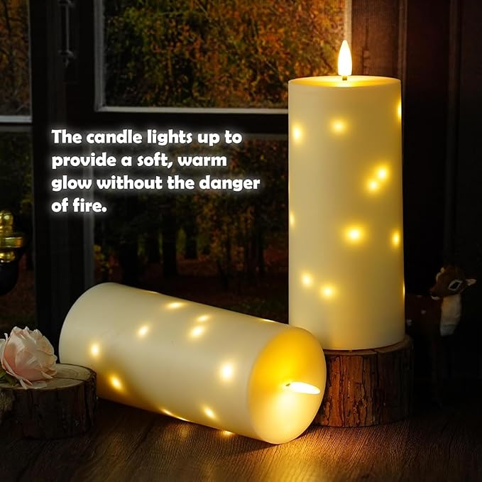 4" x 10" Large Outdoor Waterproof Flickering Flameless Candles with Timer,2Pcs Battery Operated LED Pillar Candles with Embedded Star String for Outdoor Lanterns,Porch,Patio Decor(Ivory)