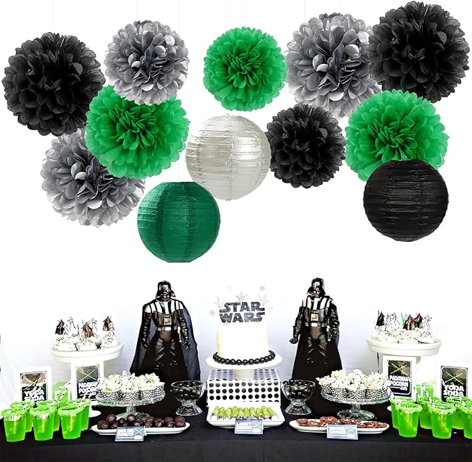 Green-Black Silver Party-Decorations Paper Flowers Lanterns - 15PCS Football Game Day Birthday Tissue Pom Poms Streamers, Bachelorette New Years Hanging Supplies Decor Hugfond