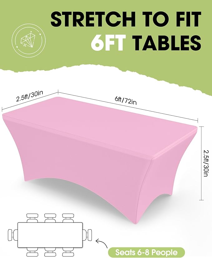 Pureegg Spandex Tablecloth 6ft - 6 Pack, Fitted and Stretch Table Cover for Rectangle Tables, Wrinkle-Resistant and Secure Fabric for Outdoor, Picnic, Party, Wedding, Banquet and Birthday, Pink