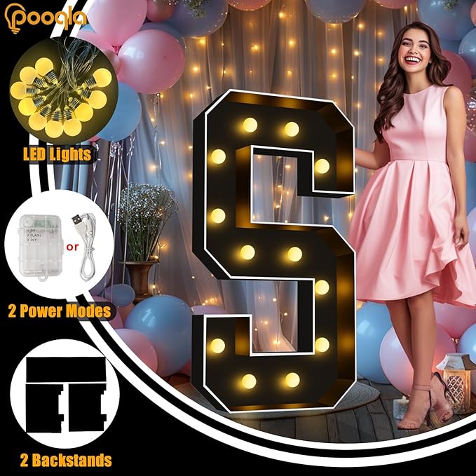 Pooqla 4 FT Marquee Light Up Letters, Black Marquee Letter Lights 4 Feet Tall, Giant Letter Sign Big Mosaic Letters for Balloons Birthday Party Anniversary Wedding Decorations, Warm White Letter I