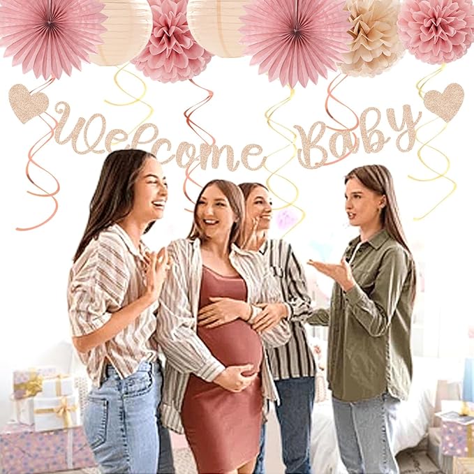 Blush-Pink Rose-Gold Fall Baby-Shower Party-Decorations - 31pcs Welcome Home Banner Sign,Neutral Paper Lanterns,Girl Streamers Garland,Boho Hanging Tissue Pom Poms Flowers Fans Backdrop Decor Burgleda