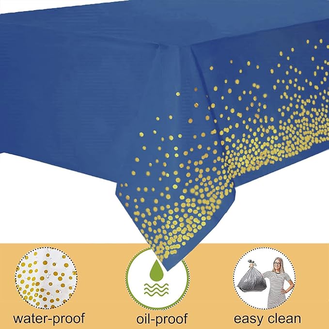 Yancorp 4 Pack Plastic Tablecloth Disposable Navy Blue Gold Tablecloth for Rectangle Tables 54" x 108" Party Decorations Birthday Thanksgiving Christmas Wedding Outdoor BBQ Picnic