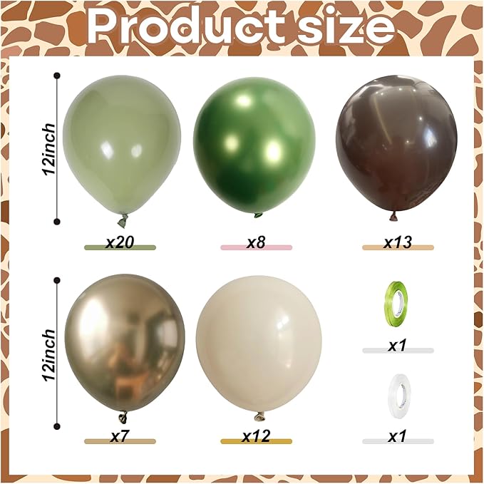 Sage Green Brown Safari Balloons, 60PCS Dusty Olive Green Coffee Beige Metallic Gold Eucalyptus Latex Balloon, Camo Army Hunting Balloons for Woodland Baby Shower Birthday Party Decorations Supplies