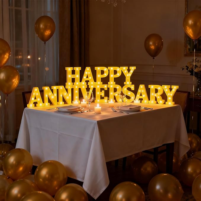 Honoson 16 Pcs Happy Anniversary Decoration Light up Letters Sign Wedding Anniversary Party Light LED Neon Table Decoration for Valentine's Day Wedding Romantic Party Decor