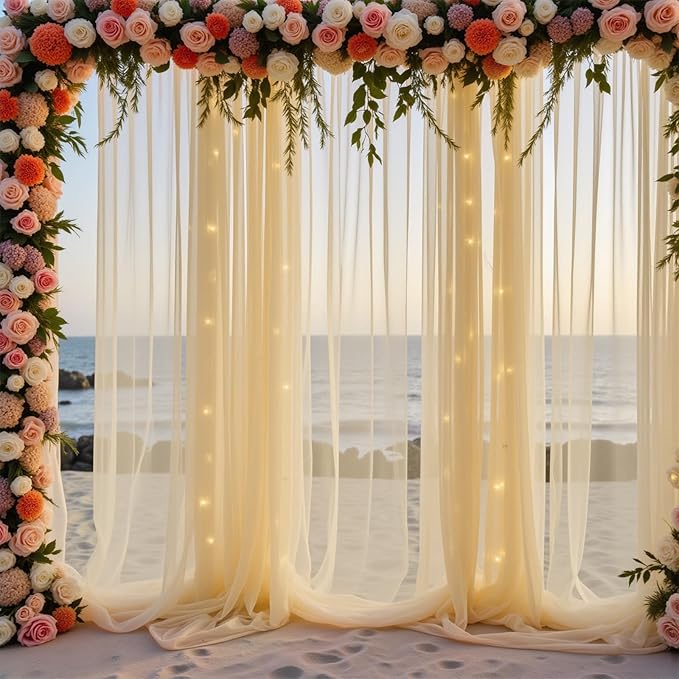 GALLETY 10 FT x 8 FT Champagne Backdrop Curtain - Tulle Backdrop Curtain with Lights String - Sheer Backdrop Curtains with 4 Inch Rod Pockets for Birthday Weddings Baby Shower Theme Party Decorations