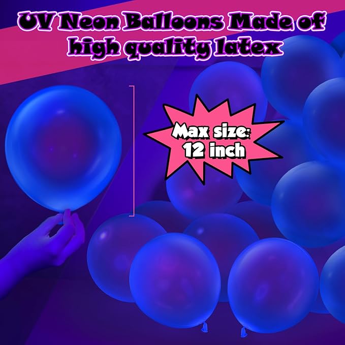 100 Pcs UV Neon Blue Balloons 12 inch Neon Party Supplies, Balloons, Glow in the Dark for Birthday, Graduation, Baby Shower,Wedding, Anniversary Valentines Party Decorations