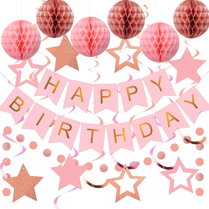 meowtastic Birthday Decorations, Happy Birthday Banner with Honeycomb Ball, Star Hanging Swirl Streamer, Circle Dot Garland, Happy Birthday Party Decoration for Women Men Boy Girls (Rose Gold & Pink)