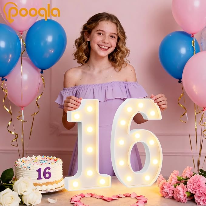 Pooqla Large Light Up Numbers for 2nd Birthday Decorations, 12.6 in Tall White Plastic Marquee Numbers Sign Party Decorations, Gift for Girls Boys Night Light Wedding Anniversary Decor, Big Number 2