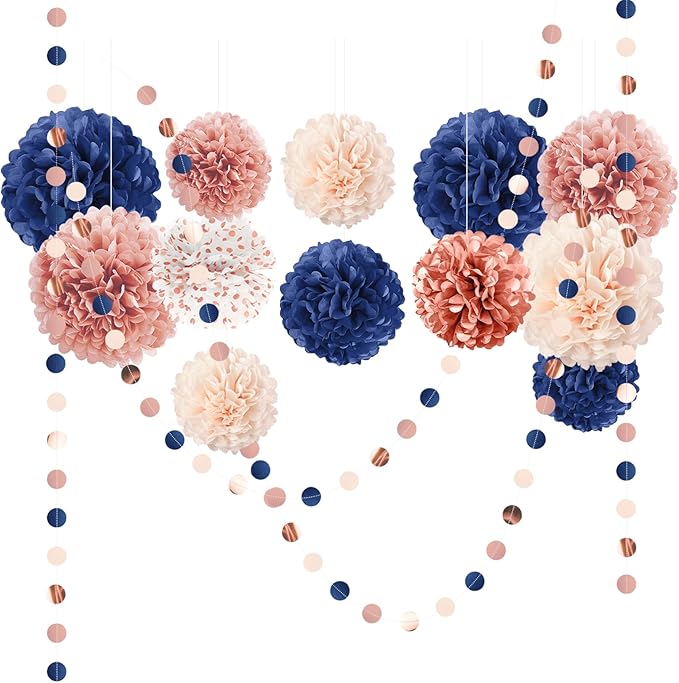 AOBKIAT Rose Gold and Navy Blue Party Decorations Set,Tissue Paper Pom Poms,Paper Garland for Women Engagement Anniversary,30th,40th,50th,60th,Birthday Party Supplies