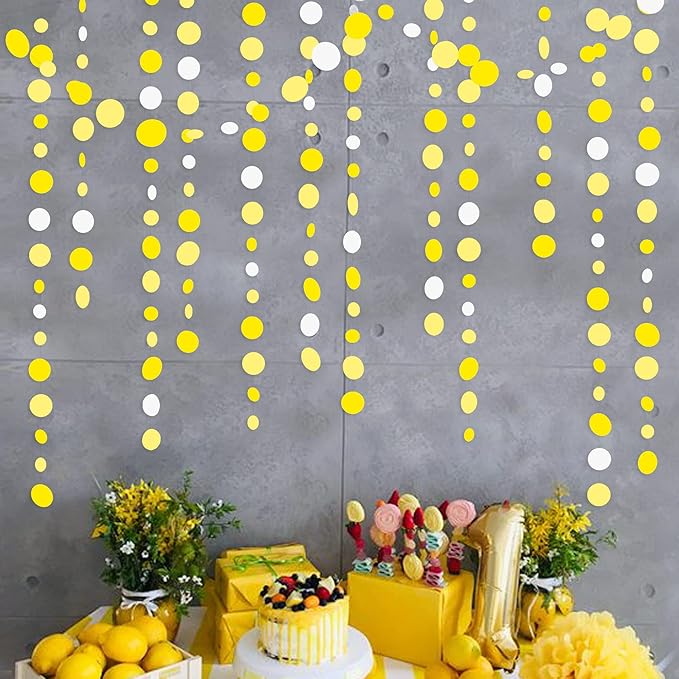 46 Ft Yellow White Circle Dots Garland Gradient Yellow Polka Dot Hanging Paper Streamer for Wedding Bridal Shower Birthday Baby Shower Engagement Bee Sunflower Lemon Theme Party Decorations Supplies