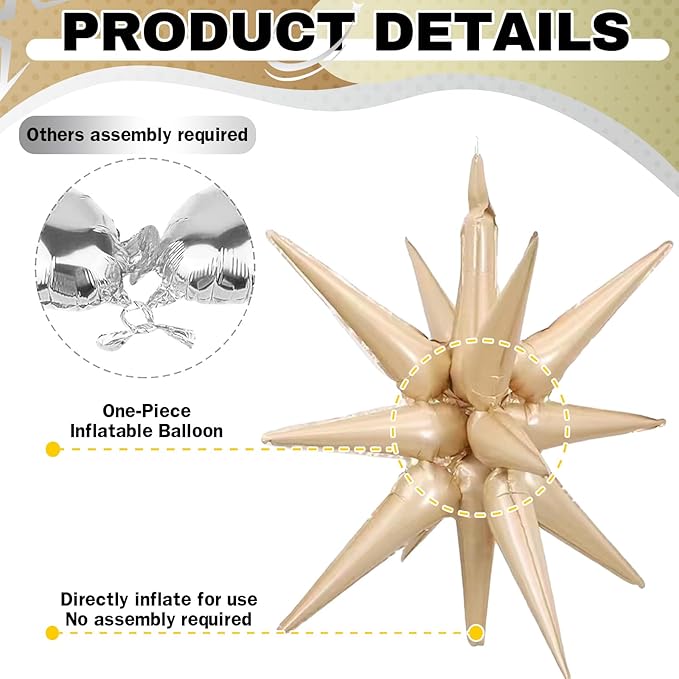 6PCS Star Balloons, 22Inch Large Cream Caramel Star Balloon Foil Balloons Spike Cone Balloon for Birthday Baby Shower Wedding Boho Party Decorations