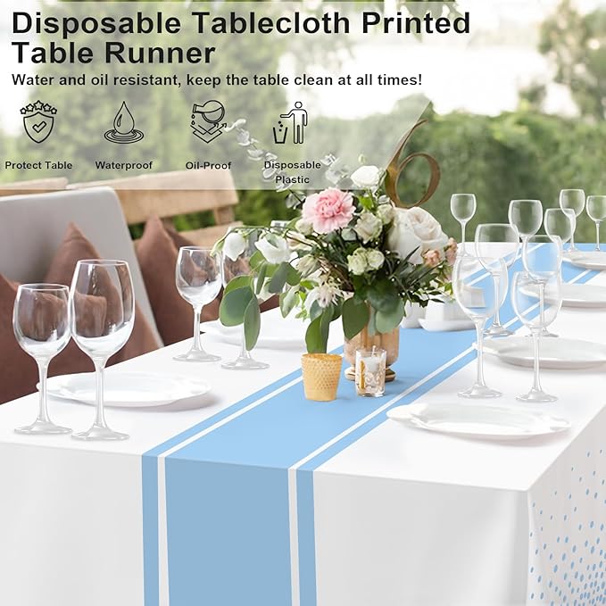 12 Pack White and Light Blue Tablecloth Party Decorations Plastic White Tablecloth Printed Light Blue Table Runner 54 x108 Inch Disposable Rectangle Table Cover for Birthday Graduation