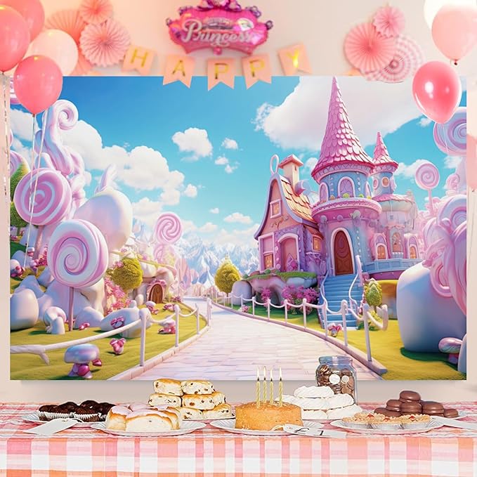 6x4ft Candyland Backdrop Pink Sweet Candy Castle Fairy Tale Photography Background for Girls Princess Birthday Baby Shower Party Decorations Kids Portraits Banner Photo Studio Props