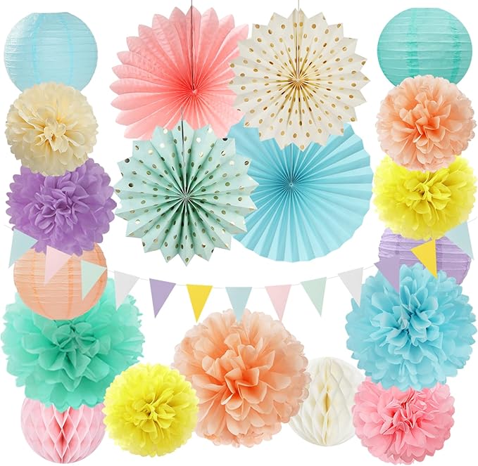 Pastel Rainbow Party-Decorations - 20pcs Pink Yellow Blue Classroom Ceiling Paper Lanterns Fans ,Girl Birthday Tissue Pom Poms,Honeycomb Balls,Bunting,Baby Shower Bridal Wedding Decor Burgleda