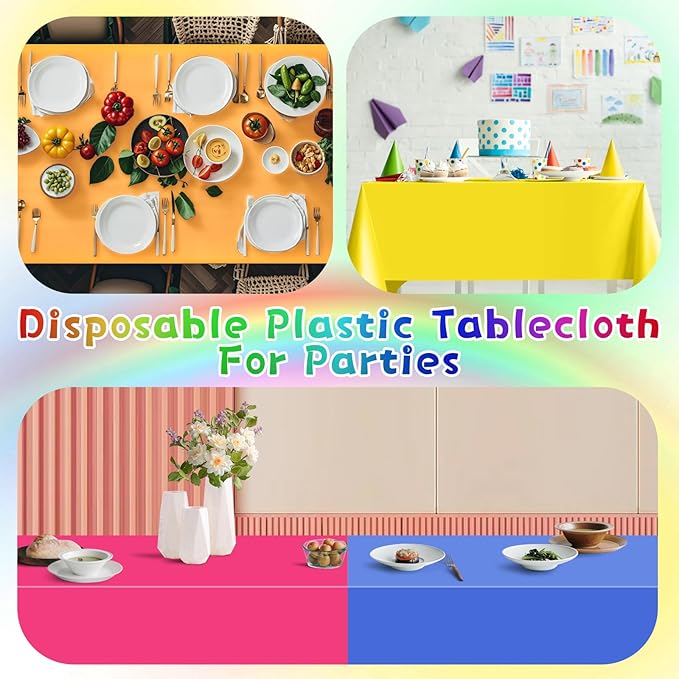 Mwellewm 12Pcs Plastic Table Cloth Disposable, Assorted Color Rainbow Tablecloth Colorful Neon Rectangle Bulk Solid Table Cover for Birthday Wedding Graduation Picnic Home Party Decoration(54x72 Inch)