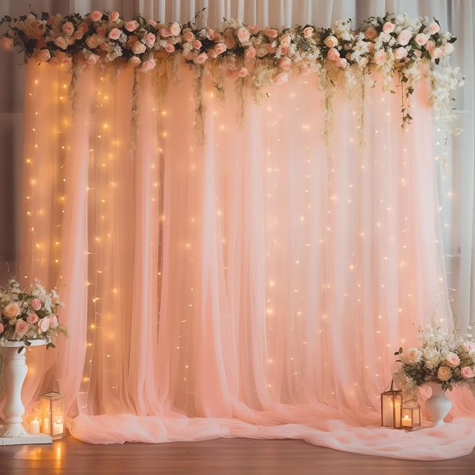 30ft x 10ft Peach Backdrop Curtain with Lights String for Parties, Sheer Tulle Wedding Photo Backdrops Drapes for Baby Shower Birthday Party Decorations Background for Photography