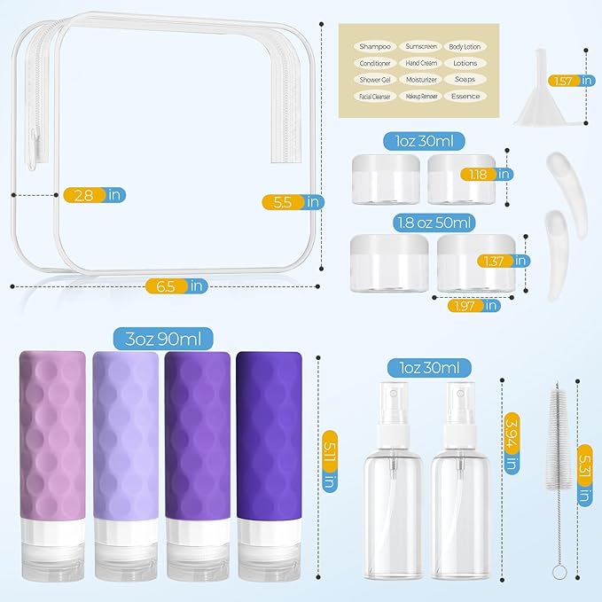 Silevoler 16pack Travel Bottles for Toiletries, TSA Approved Travel Size Containers Set, Leak Proof Refillable Liquid & Creams Toiletries Accessories Kit W/Toiletry Bag (Purple)