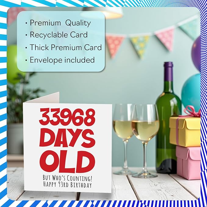 Stuff4 93rd Birthday Card for Men Women Him Her - 33968 Days Old - Funny Adult Ninety-Three Ninety-Third Happy Birthday Card for Grandma Grandpa Gran Mom Dad, 5.7 x 5.7 Inch Humor Joke Greeting Cards