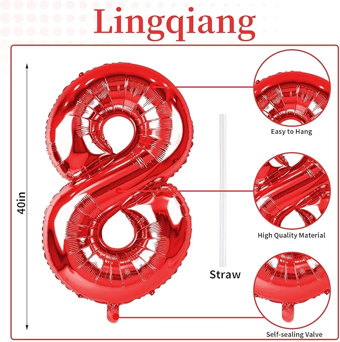 Red Foil Balloon Number 8 for Boys, 40'' Giant Self Inflating Number Balloons Set 0-9, Large Number 8 Helium Balloon for Girls Women 8th Birthday Graduation Anniversary Party Decorations Supplies