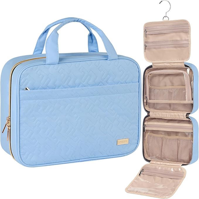 NISHEL Travel Toiletry Bag for women, Portable Hanging Organizer for Full-Sized Shampoo, Conditioner, Brushes Set, Makeup Accessories, Large Size, Placid-Blue
