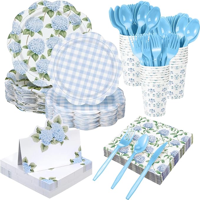 Shellwei 410 Pcs Blue Hydrangea Tea Party Decorations Elegant Floral Paper Plates and Napkins Set Disposable Party Tableware Sets with Cups Knives Forks Spoons Seat Card Favors for 50 Guests