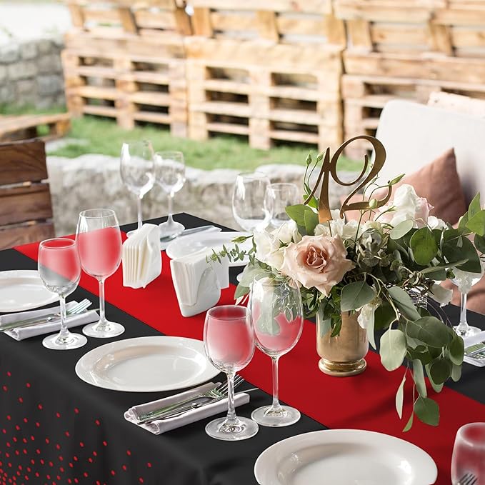 8Pack Disposable Plastic Party Tablecloths and Satin Table Runner Set Black and Red Dot Table Cloth Red Satin Table Runner for Wedding Birthday Baby Shower Anniversary Holiday Party Decorations
