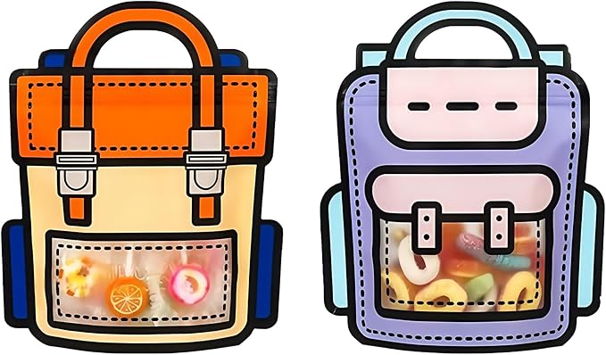 PABCK 20 Pack Plastic Gift Bags Cartoon Goodie Bags 7.09x8.27 inch Backpack-shaped Candy Snack Packaging Bag with Handle Resealable Treats Birthday Party Favor Stand Up (10 Purple and 10 Orange)