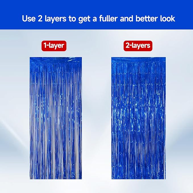 QRabbit 4 Pack Backdrop Curtains, Blue Foil Fringe Curtain Tinsel Backdrop, Party Streamers for Birthday Graduation Engagement Wedding Baby Shower Christmas Party Decorations