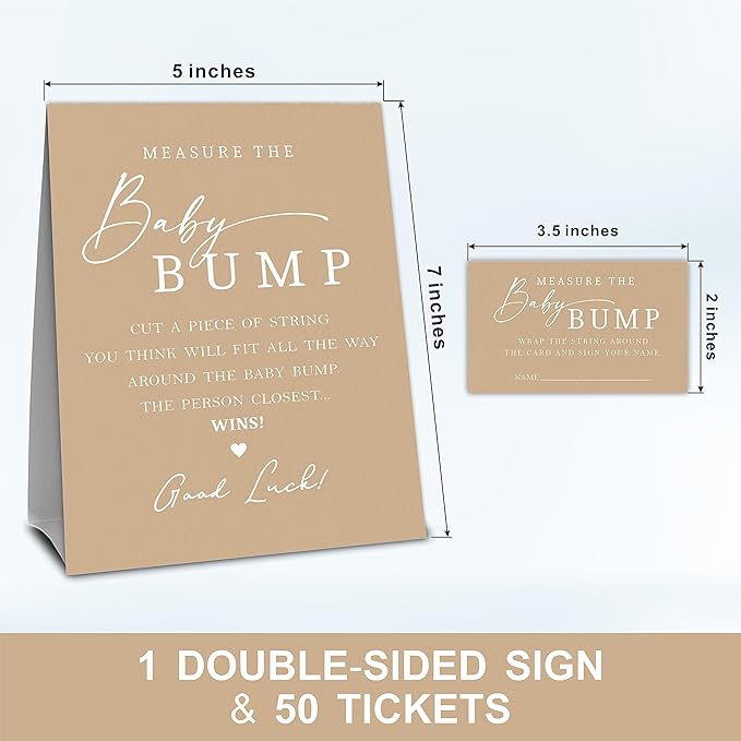 Baby Shower Measure The Baby Bump, Brown Measure Mommy's Belly Game Set - 1 Self-Standing Sign And 50 Tickets - Gender Reveal, Baby Shower, Baby Announcement Activity & Party Favor Supplies - A08