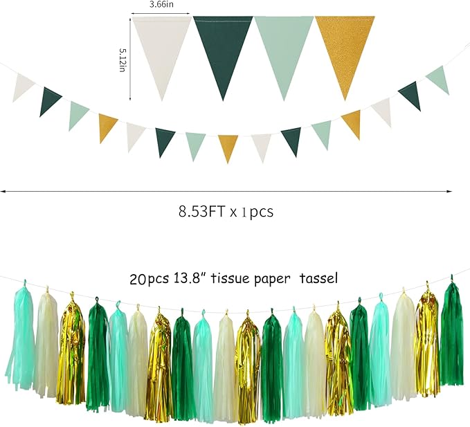 Sage-Green Beige-Gold Baby Bridal-Shower Decorations - 30pcs Rustic Wedding Tissue Pom Poms,Tassel Garland Banner,Birthday Gender Reveal Bachelorette Engagement Party Decor Bunting Lasting Surprise