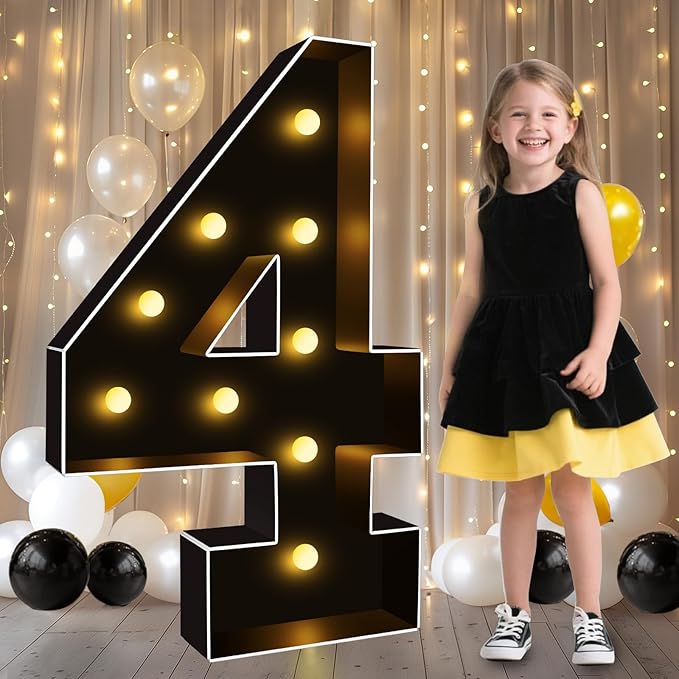 Pooqla 3FT Marquee Light Up Numbers, Black Lighted Party Decor for her him Women Men, Giant Mosaic Light Up Numbers for 4th 14th 40th Birthday Anniversary Decoration, Number 4