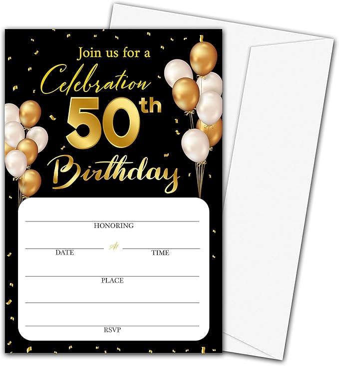 50th Birthday Invitation Cards with Envelopes - Classic Gold Theme Fill in The Blank Birthday Party Invite Cards, for Man, Woman Entertain Banquet Party Supplies, 20 Invites With Envelopes - B14
