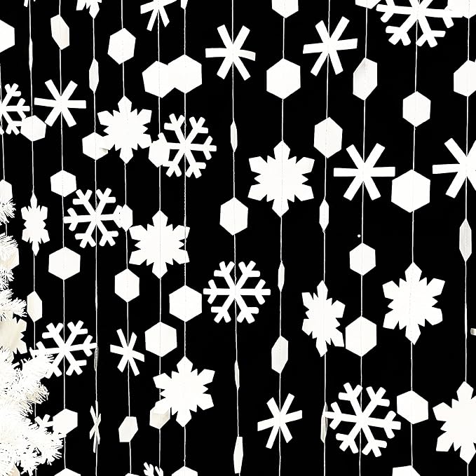 pinkblume 52Ft Winter Wonderland Party Decorations White Snowflake Garland Metallic Glitter Snowflakes Streamer for Winter Onderland Christmas Frozen Birthday Wedding Baby Bridal Shower Party Supplies