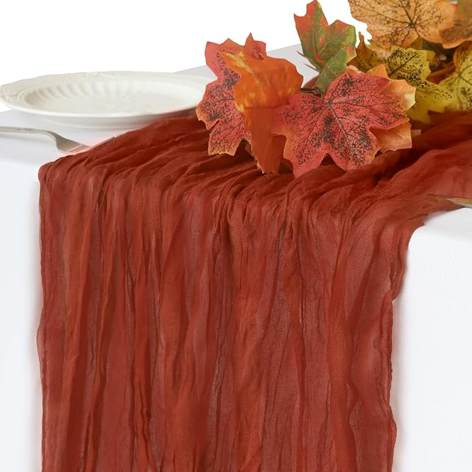 Fall Table Runner, 10FT Thanksgiving Cheesecloth Table Runner 35*120inch Terracotta Table Runners for Fall Wedding Baby Shower Friendsgiving Thanksgivig Home Kitchen Table Decorations