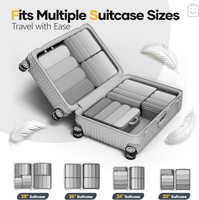 Veken 6/9/11 Set Compression Packing Cubes for Travel Essentials,Compressible Expandable Large Luggage Suitcase Organizer Bags for Clothing,Durable Space Saver Storage Bags(Gray)