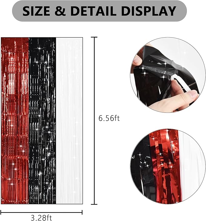 TONIFUL Black Red White Door Streamers,Black Red and White Photo Booth Backdrop Metallic Streamers Foil Fringe Curtain for Birthday,New Year,Graduation,Grad,Baby Shower Party Streamers Decoration